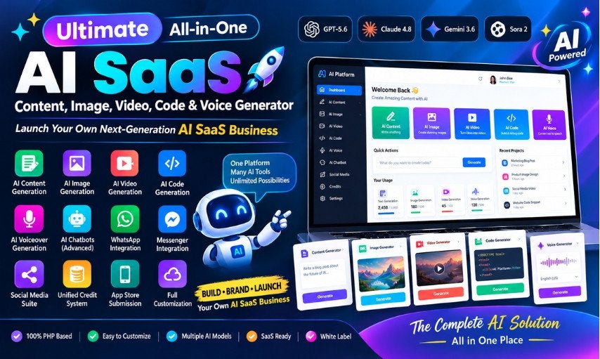 Ultimate All-in-One AI SaaS — Content, Image, Video, Code & Voice Generator